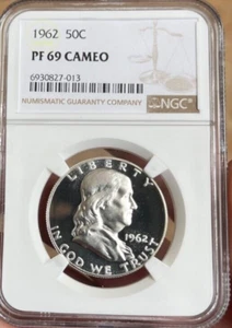 1962 NGC PF69  CAMEO PROOF FRANKLIN HALF DOLLAR   Freshly Graded   Super Cameo - Picture 1 of 4