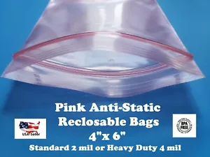 4" x 6" Anti Static Pink 2 or 4-Mil Zip Seal HEAVY-DUTY Reclosable Top Lock Bags - Picture 1 of 1