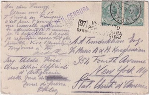 Primera Guerra Mundial Italia Curso de Artillería Extranjera Postal 1917 a Nueva York EE. UU. - Censura - Imagen 1 de 3