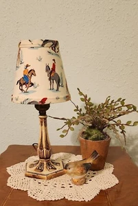 Vintage Cast Metal Table Lamp with Clip-On Cowboy-Themed Fabric Lamp Shade - Picture 1 of 9