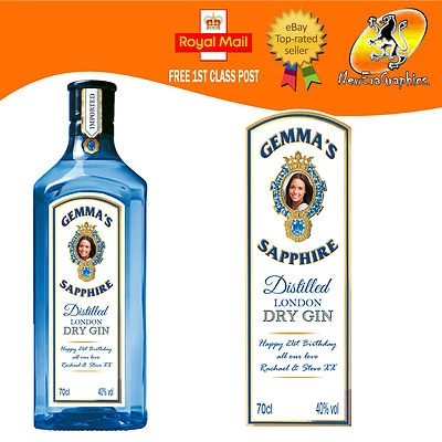 PERSONALISED BOMBAY GIN PHOTO REPLICA BOTTLE LABEL BIRTHDAY ANY OCCASION - Image 1 of 2