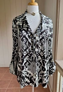 EUC L ST. JOHN Tunika-Bluse Seide Spandex schwarz weiß Print goldene Akzente - Bild 1 von 17