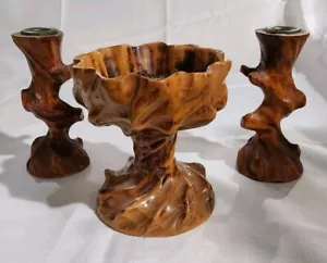 Vtg Carved Gnarled Wood Console Set 2 6.25" Candleholders & 5.75"T 5.25"D Bowl - Picture 1 of 9