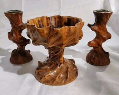 Juego de consola de madera granulada tallada de colección 2 candelabros de 6,25" y cuenco D de 5,75" T 5,25"  Foto 1 de 4