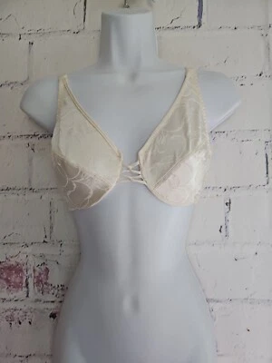 Lilyette Ivory Satin Floral Plunge Underwire Bra 34C Crisscross Gusset Adj Strap - Image 1 of 4