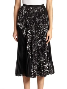 Timo Weiland Joann Skirt Sz 12 Midi White Black abstract Pleated Lined Side Zip - Picture 1 of 10
