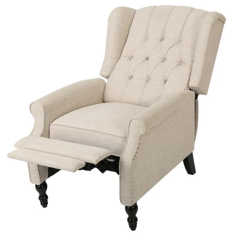 Noble House Recliner 40.5"X35"X29.5" 1-Piece+Nailhead Trim+Tufted Cushions Beige Cover