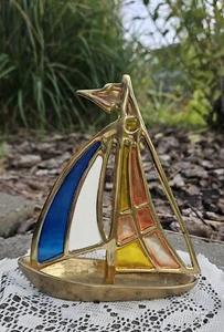 Brass & Stained Glass Sail Boat VTG Decorative Figurine Paperweight Trinket Tray - Picture 1 of 11