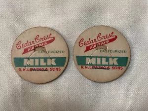 2 MILK BOTTLE CAPS CEDAR CREST FARMS WHITE MILK NO STATE UNUSED - Picture 1 of 4