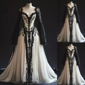 Gothic Wedding Dresses Champagne and Black Long Sleeves Full Length Bridal Gowns - Picture 1 of 11