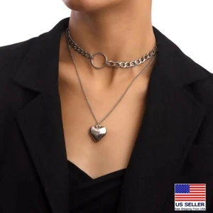 Fashion Women Necklace DoubleLayer 3D Big Heart Circle Style Choker Pendant 0907 - Picture 1 of 4