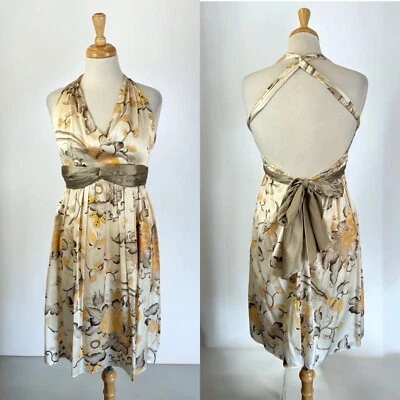 Vestido de seda bege floral costas abertas Y2K Fairycore romântico formal elegante vestido XS - Imagem 1 de 4