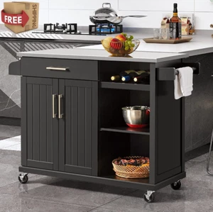 Kitchen Cart with Stainless Steel Tabletop, Black Kitchen Island on Wheels NEW - Picture 1 of 6