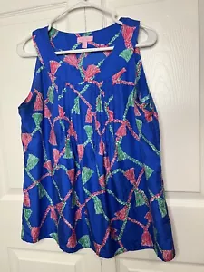 Lilly Pulitzer ärmelloses Tanktop Damen M blau Quaste 100% Seide Plissee - Bild 1 von 7