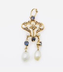 ANTIQUE 14K GOLD VICTORIAN PENDANT W SEED PEARLS AND BAROQUE PEARL DROPS. UNIQUE - Picture 1 of 5
