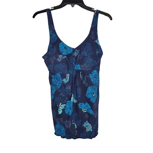 LL BEAN Womens Blue Floral Tankini Top SZ 12 Reg Beach Summer Cruise Swim UPF 50 - Picture 1 of 11
