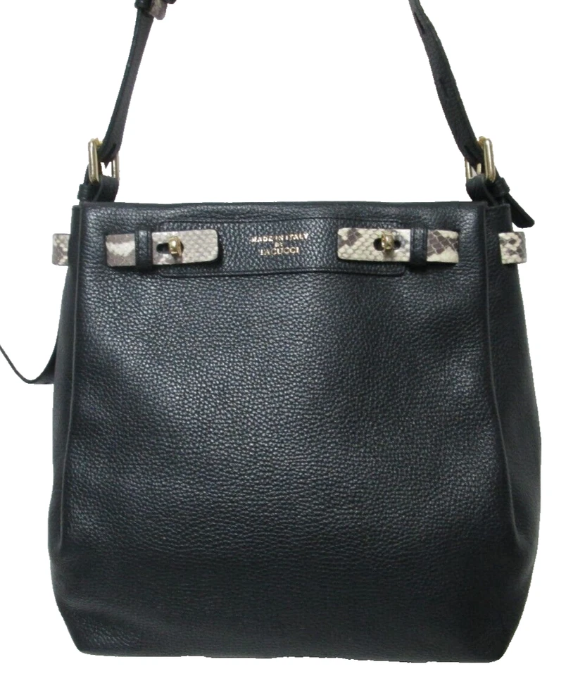 IACUCCI pebbled w/ snake Leather shoulder tote bag purse Italy black zip top - Image 1 of 4