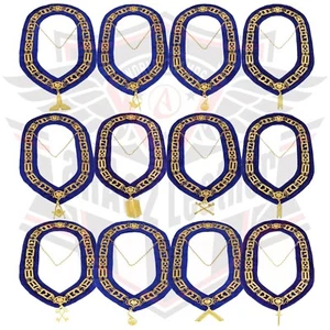 12er Set Freimaurer Blue Lodge Offizier Kette Halsbänder - Gold Finish mit blauer Samt - Bild 1 von 13