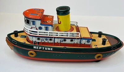 Vintage Trade Mark Neptune Tug Boat Ship Tin Toy Made In Japan Battery Operated - Image 1 of 4