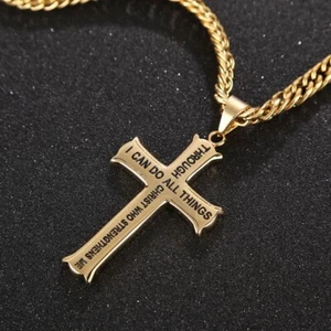 Men's Stainless Steel Cross Pendant Necklace Bible Verse With Curb Chain 24'' - Picture 1 of 10