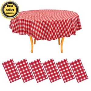 6-Pack Round Plastic Tablecloth Disposable 84" - Round 84" Dia Red Checkered.... - Picture 1 of 12