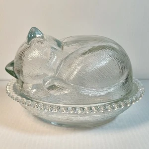 Vintage Indiana Glass Clear Cat on Nest/Basket Covered Candy Dish 7” - Picture 1 of 10