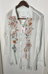 Johnny Was 3J Workshop Blouse Sz L White Button Down Top Floral Light Cotton NEW - Picture 1 of 12
