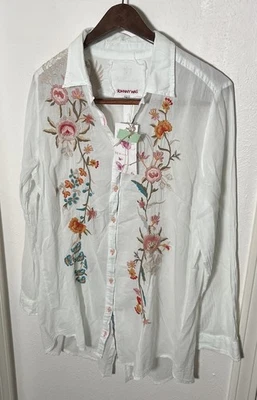 Johnny Was 3J Workshop Blouse Sz L White Button Down Top Floral Light Cotton NEW - Image 1 of 4