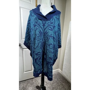 Catherines Damen Poncho Pullover 2X/3X blau grün Strick Blumenmuster Kragen - Bild 1 von 7