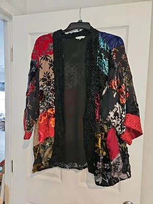 John Mark Kimono Cardigan XL Black Red Velvet Embroidered  Boho Floral EUC  - Image 1 of 4