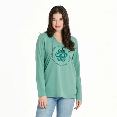 Life Is Good Best Things Floral Paw Long Sleeve Crusher-LITE Hooded Tee Women's - Image 1 of 2