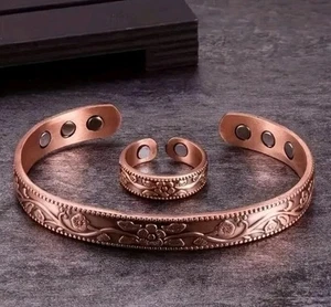 Copper Magnetic Bracelet and Ring Set Floral Design - Picture 1 of 5