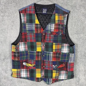 Vintage Gap Vest Mens M Denim Back Flannel Patchwork Quilt Lined Y2K 90s Grunge - Picture 1 of 7