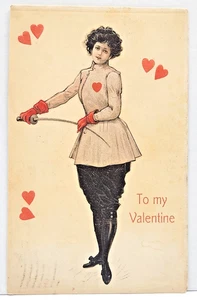 Fencing Female Fencer Valentine Embossed Postcard Hearts Powerful Women c.1911 - Picture 1 of 2