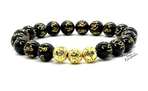Bracciale Buddista Elastico Ossidiana Nera e Roccia Lavica con Mantra Inciso - - Foto 1 di 33
