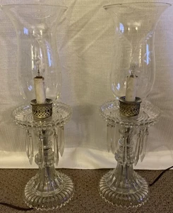 Pair of Vtg Stacked Glass Boudoir Hurricane Lamps Etched w/hanging Prisms 17” - Picture 1 of 7