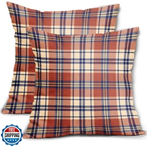 Aytipun Fall Plaid Pillow Covers 16x16 Set of 2 Burnt Orange Blue Rustic Autu - Picture 1 of 5