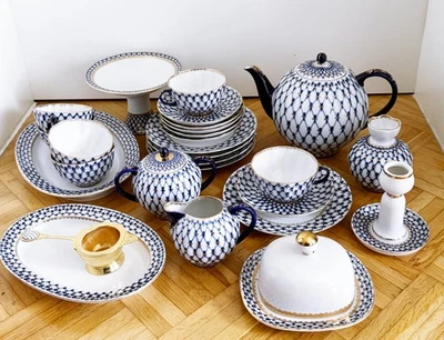 Lomonosov Cobalt Net USSR Porcelain Service Tea Service 27 Pieces - Image 1 of 4