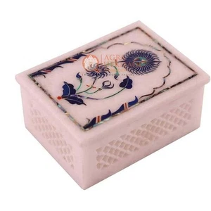 4"x3"x2" White Modern Jewelry Lidded Box Lapis Inlaid Floral Art Halloween Gifts - Picture 1 of 3