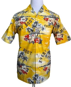 New $980 Gucci Men’s Short Sleeve Shirt Color Yellow/White/Red Size 46/M - Picture 1 of 10