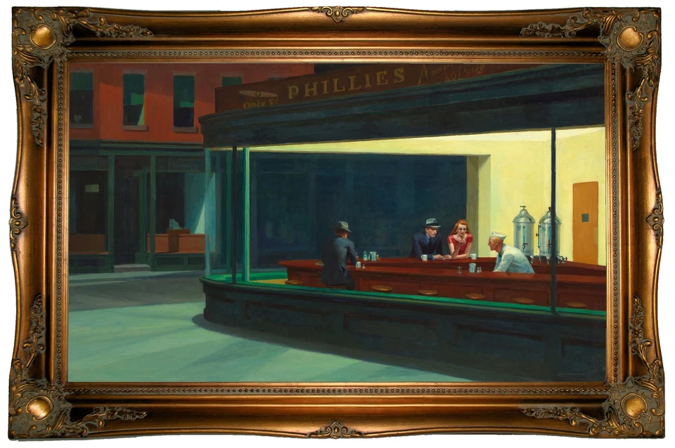 Hopper Nighthawks - Escena de cena nocturna enmarcada en madera impresión en lienzo repro 19x32 Foto 1 de 1