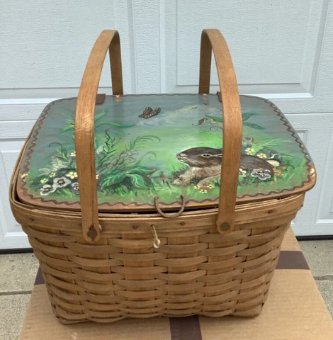 Longaberger 1984 Picnic Basket W/ Painted Lid Rabbit & Butterfly Scene + Riser Cover