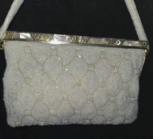 Vintage Elegant White Beaded Pearl Gold Metal Evening Handbag - Picture 1 of 11