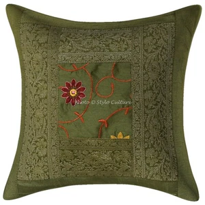 Decorative Polydupion Pillow Cover Green 16x16 Embroidery Floral Cushion Cover - Picture 1 of 3
