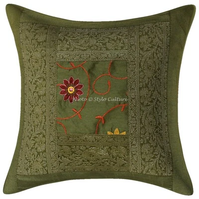 Decorative Polydupion Pillow Cover Green 16x16 Embroidery Floral Cushion Cover - Image 1 of 3