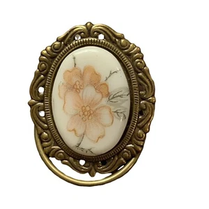 Vintage Jeri Lou Floral Schal Clip Oval Goldton Rahmen Hartriegel Design Signiert - Bild 1 von 11