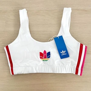 Adidas Adicolor 3D Trefoil Sports Bra Womens Size 14 White Multi 3-Stripes New - Picture 1 of 12