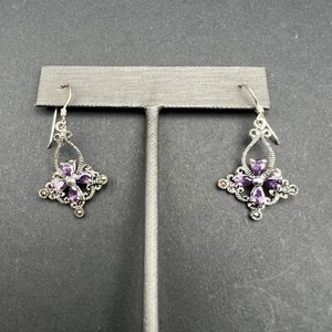 Vintage Amethyst Dangle Earrings Silver Tone Boho Drop - Picture 1 of 7