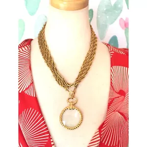 Vintage CHANEL long chain necklace with round loupe glass pendant top and CC - Picture 1 of 8