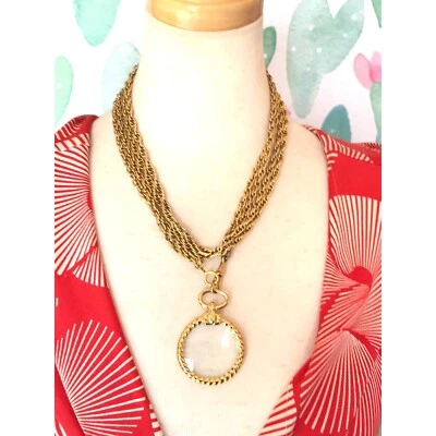 Collar de cadena larga vintage CHANEL con lupa redonda cristal colgante superior y CC Foto 1 de 4